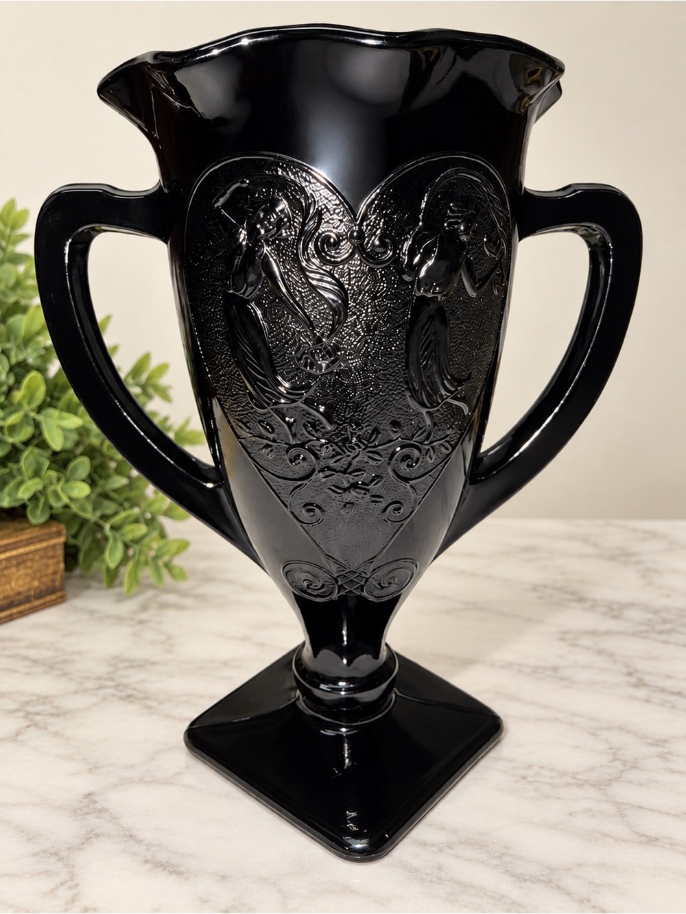 Vintage Black Amethyst Glass Double Handle Vase Urn Dancing Lady Art Deco